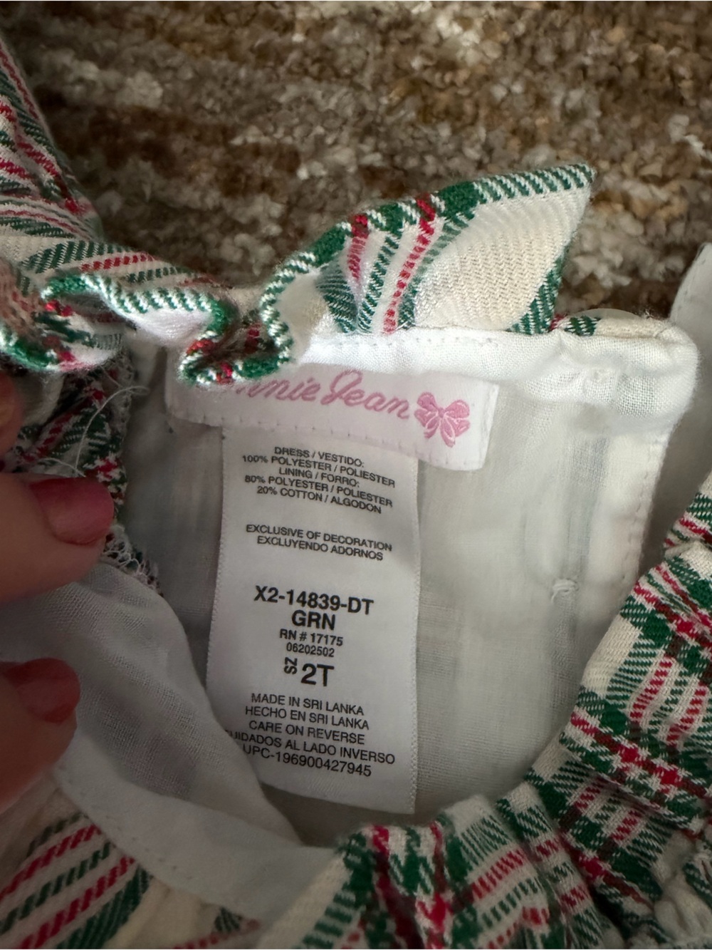 Bonnie Jean size 2T Girls White Plaid Smocked Ruffle Dress with Green Bows - Picture 4 of 5